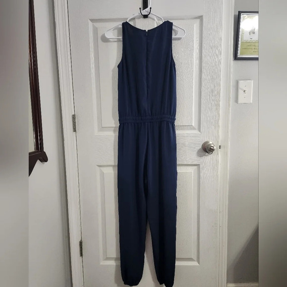 Cabi navy blue french chiffron jumpsuit #303 pockets size xs - Picture 2 of 11